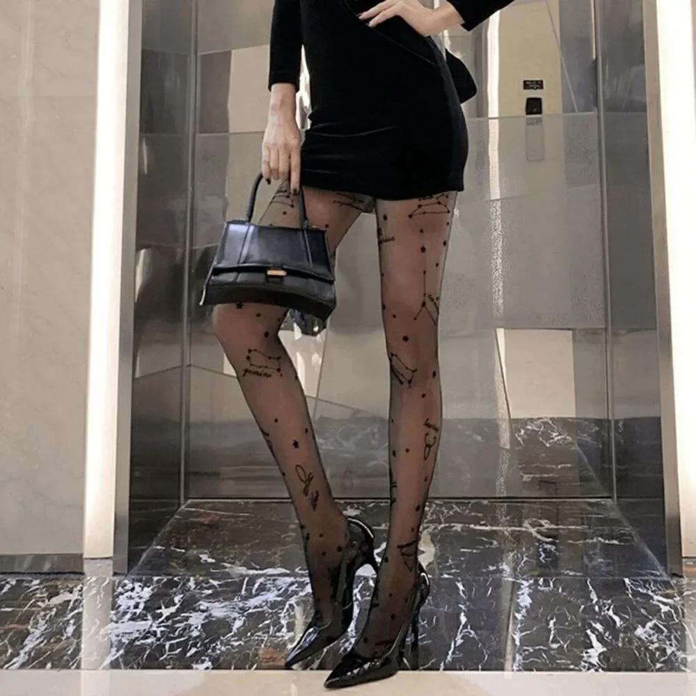 ⭐ Astrology Zodiac Constellations Celestial Print Black Sheer Nylon Tights NEW